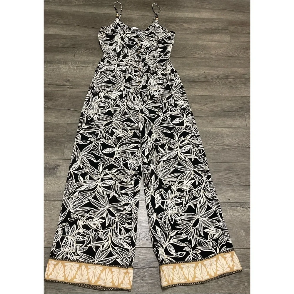Zara Black Tropical Floral Black Lotus Vibes Sleeveless Jumpsuit Linen Sz M